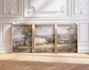 3 Piece Vintage Country Landscape Print Triptych Rustic Fall Countryside Scenery Wall Art Soft Neutral Farmhouse Decor Digital Download