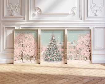 Puede incluir: Conjunto de tres impresiones artísticas enmarcadas con escenas invernales. Las impresiones representan un árbol de Navidad, árboles de flores rosas y edificios, todo sobre un fondo azul claro. Los marcos tienen un acabado dorado y la estética general es suave y elegante.