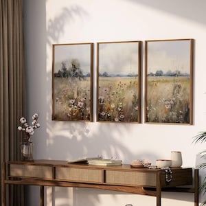 Neutral Country 3 Pieces Vintage Wall Art, Landscape Wall Art, Wildflower Field Print Set of 3, Large Wall Art Home Decor, Digital Download
