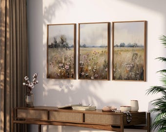 Neutral Country 3 pezzi Vintage Wall Art, Landscape Wall Art, Wildflower Field Print Set di 3, Grande Wall Art Home Decor, Download digitale