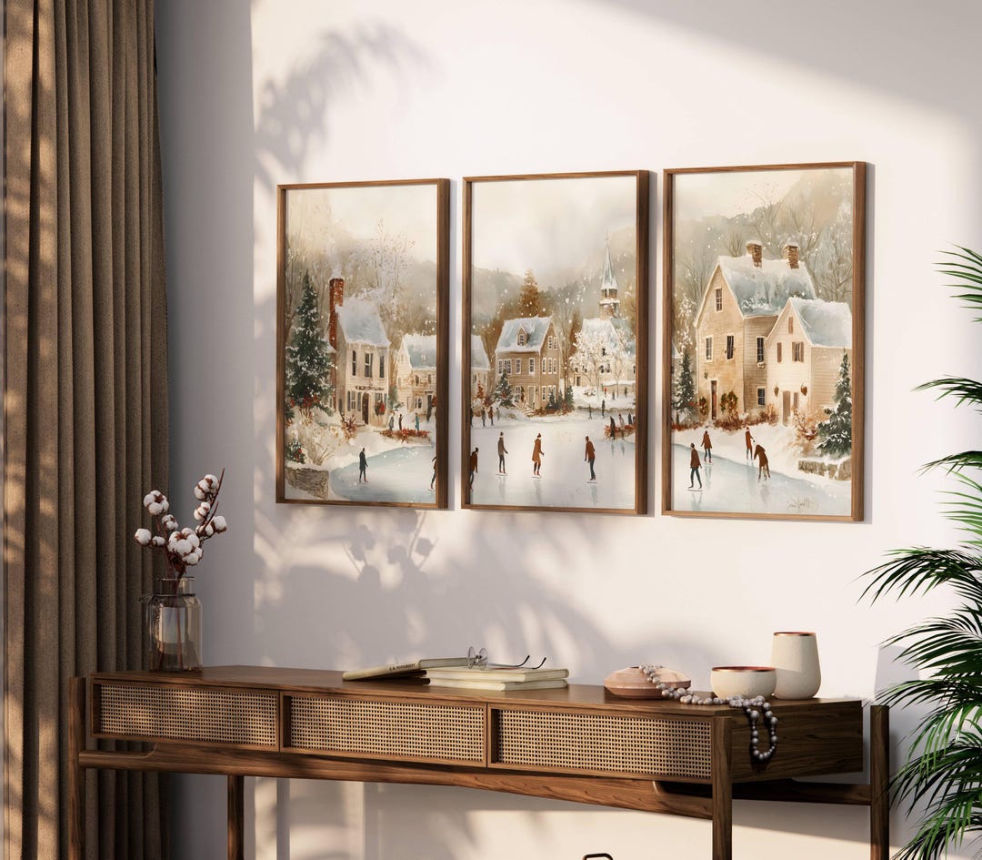 3 Print Set Vintage Winter Triptych Wall Art, Neutral Christmas ...