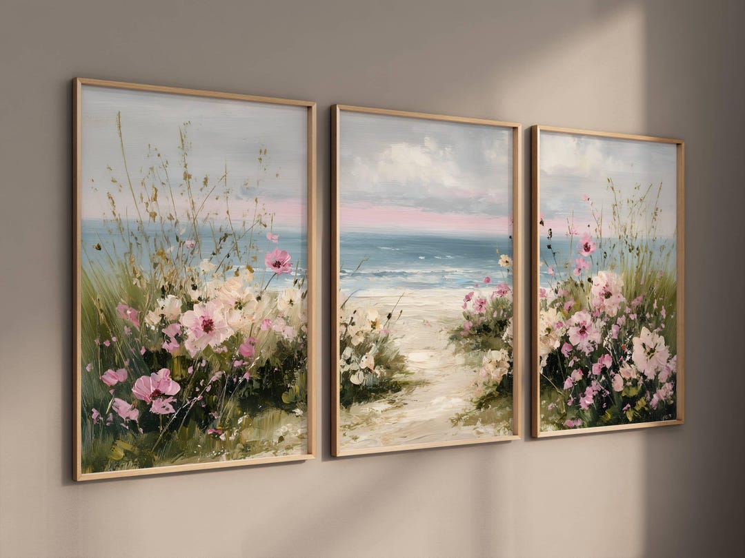 3 Print Set Pink Coastal Landscape Print, Triptych Spring Beach Wall ...
