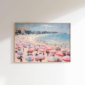Retro Pink Beach Print, Beach Umbrella Poster, Vintage Beach Wall Art, Pink Apartment Decor, Girly Printable Wall Art, Digital Download
