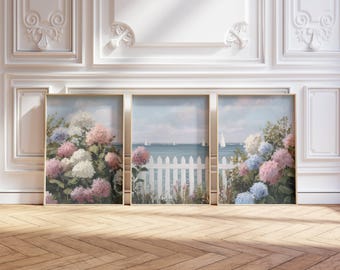 3 Piece Hydrangea Sailboat Wall Art Pastel Ocean Seascape Landscape Prints Triptych Coastal Print Set Nantucket Beach Decor Digital Download
