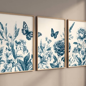 Set of 3 Chinoiserie Wall Art, Blue Botanical Print Set of 3, 3 Piece Minimalist Decor, Botanical Print Set, Printable Wall Art Digital Art