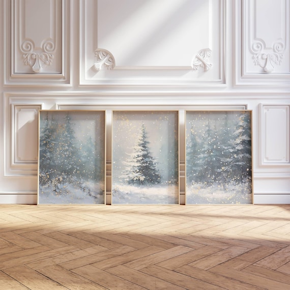 3 Piece Winter Pine Forest Wall Art Set of 3 -  Triptych Christmas Tree Farm Instant Digital Download