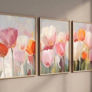 Triptyk vårtryck, set med 3 tryck, mjuk blommig väggkonst, stor tulpan påsk vardagsrumsdekor, vårgalleri direkt digital nedladdning