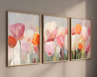 Triptych Spring Prints, 3 Print Set Soft Floral Wall Art, Large Tulip Easter Living Room Decor, Spring Gallery Instant Digital Download