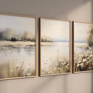 Print Set of 3 Neutral Country Vintage Wall Art, Triptych Landscape Print, Wildflower Field Set of 3 Piece Set, Cottagecore Digital Download