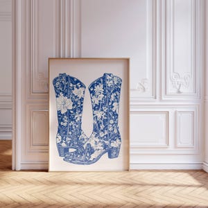 Coastal Cowgirl Poster, Blue FloralCowgirl Boots Print, Trendy Bar Cart Decor, Girly Apartment Wall Art, College Gift, Digital Download