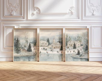 Triptych Vintage Winter Christmas 3 Print Set Wall Art - Digital Download