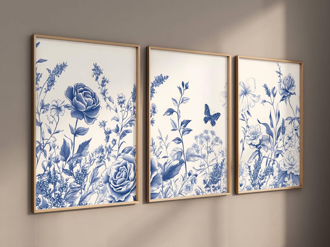 Set of 3 Chinoiserie Wall Art, Blue Botanical Print Set of 3, 3 Piece ...