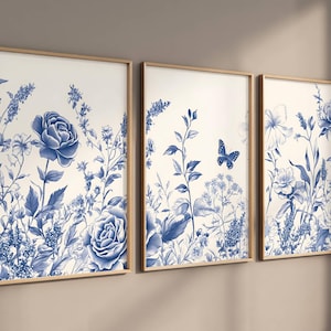 Set of 3 Chinoiserie Wall Art, Blue Botanical Print Set of 3, 3 Piece Minimalist Decor, Botanical Print Set, Printable Wall Art Digital Art