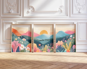 3 Piece Abstract Mountain Landscape Artwork Print Triptych Colorful Wall Art Large Patchwork Living Room Decor Instant Digital Download