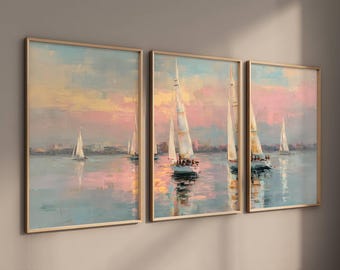 Juego de 3 piezas de arte de pared costero rosa, tríptico, atardecer, velero, arte de pared, gran juego de impresiones playeras de verano, decoración, descarga digital instantánea