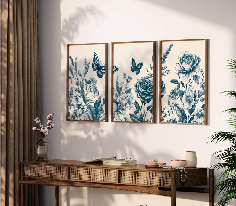 Set of 3 Chinoiserie Wall Art, Blue Botanical Print Set of 3, 3 Piece ...
