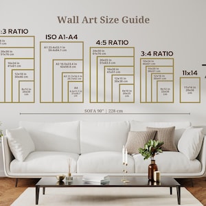 Puede incluir: Una gu&iacute;a para elegir el tama&ntilde;o correcto de arte de pared para un sof&aacute;, con diferentes proporciones y medidas en pulgadas y cent&iacute;metros. La gu&iacute;a incluye las proporciones 2:3, 4:5, 3:4 y 11x14. El texto "SOFA 90" es visible en la parte inferior de la imagen.