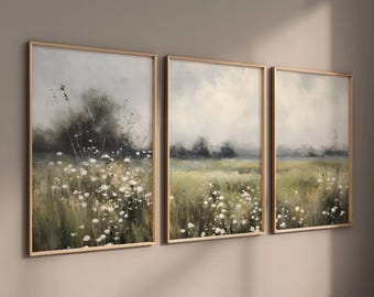 Ensemble de 3 impressions de paysage, 3 pièces d&#39;art mural de ferme vintage, grand mur de galerie triptyque champ de fleurs sauvages, décoration d&#39;intérieur, téléchargement numérique