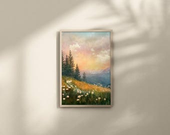 Meadow Printable Wildflowers Poster, Nature Landscape Large Wall Art, Green Nature Digital Print, Nordic Forest Cottagecore Instant Download