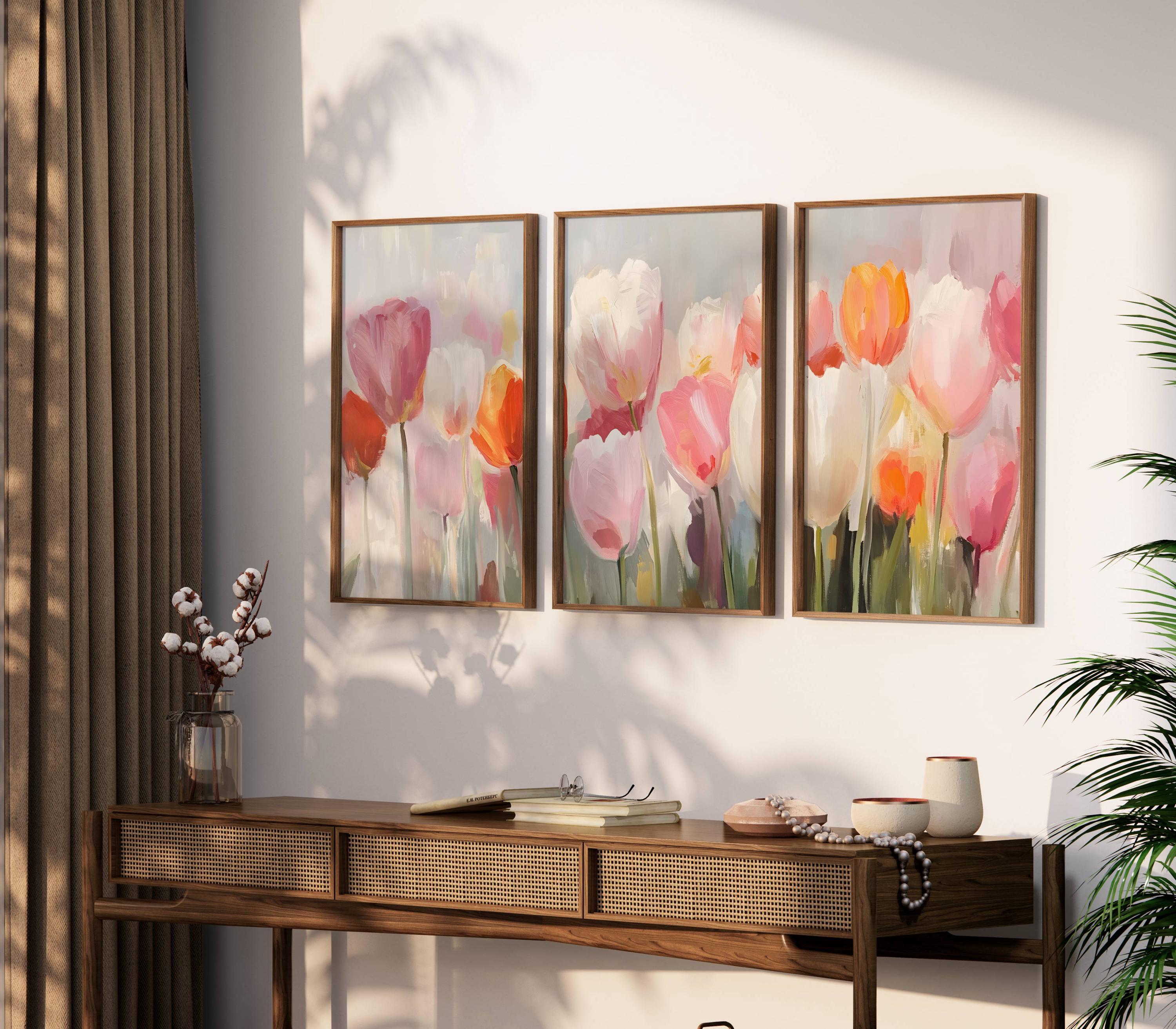 Triptych Spring Prints, 3 Print Set Soft Floral Wall Art, Large Tulip ...