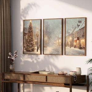 Set of 3 Christmas Print Set, 3 Piece Vintage Christmas Wall Art, Snowy Village Large Triptych Gallery Wall, Home Decor, Digital Download