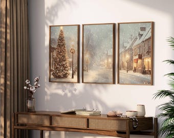 Ensemble de 3 impressions de Noël, 3 pièces d&#39;art mural de Noël vintage, village enneigé grand triptyque mur de galerie, décoration d&#39;intérieur, téléchargement numérique