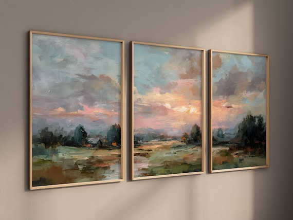 3 Piece Vintage Fall Sunrise Landscape Print Triptych Muted Scenery Wall Art Soft Earthy Country Living Room Decor Instant Digital Download