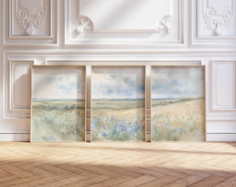 Impression de paysage de fleurs sauvages bleues en 3 pièces, maison de campagne triptyque, art mural aux tons neutres, grande décoration printanière vintage, téléchargement numérique instantané