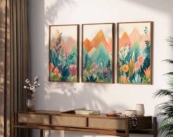 Triptych Abstract Mountain Landscape Artwork Print 3 Print Set Colorful Wall Art Large Patchwork Living Room Decor Instant Digital Download