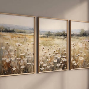 Neutral 3 Print Set, Vintage Wall Art, Landscape Wall Art, Wildflower Field Print Set of 3, Large Wall Art Home Decor, Digital Download