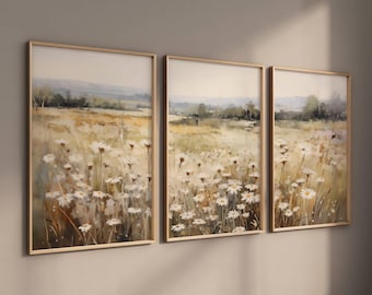 Set di 3 stampe neutre, arte murale vintage, arte murale paesaggistica, set di 3 stampe di fiori selvatici, grande decorazione murale per la casa, download digitale