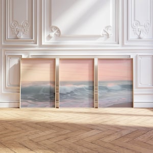 Set of 3 Sunset Prints, Neutral Coastal Print Set, Large Beach Landscape Wall Art, Ocean Triptych Home Decor, Gallery Wall, Digital Download
