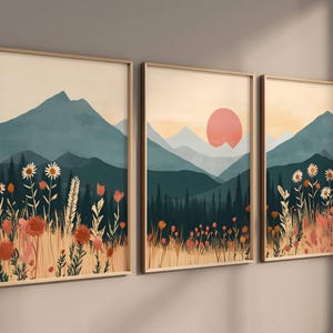 3 Piece Boho Mountain Wildflower Landscape Print, Triptych Nursery Wall Art, Large Wildflower Living Room Decor, Instant Digital Download