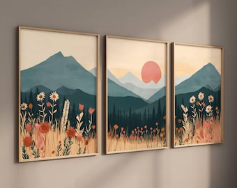 3 Piece Boho Mountain Wildflower Landscape Print, Triptych Nursery Wall Art, Large Wildflower Living Room Decor, Instant Digital Download