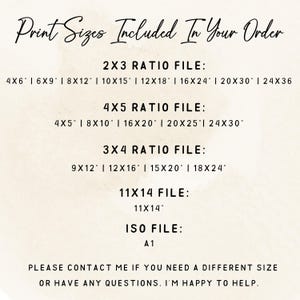 May include: A digital print with a watercolor background lists print sizes included in an order. Sizes include 4x6, 6x9, 8x12, 10x15, 12x18, 16x24, 20x30, and 24x36 inches, among others. The text also includes a request to contact the seller with questions.
