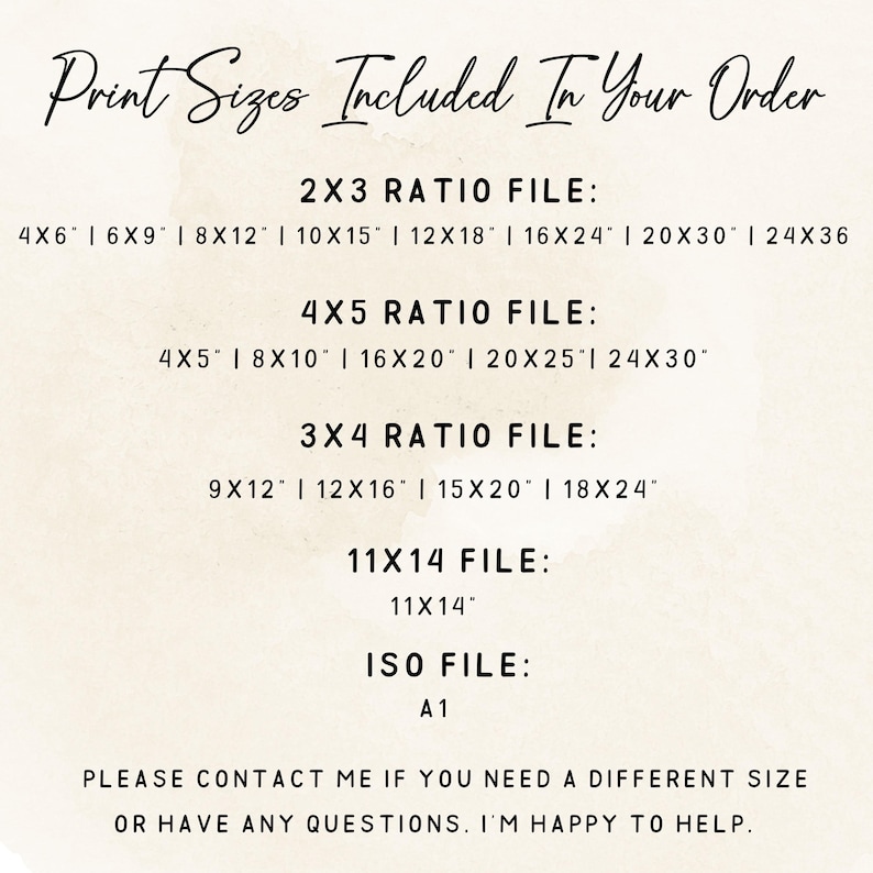 May include: A digital print with a watercolor background lists print sizes included in an order. Sizes include 4x6, 6x9, 8x12, 10x15, 12x18, 16x24, 20x30, and 24x36 inches, among others. The text also includes a request to contact the seller with questions.