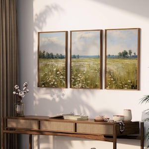 Country 3 Pieces Vintage Wall Art, Wildflower Field Set of 3 Prints, Landscape Painting Print, Scenery Farmhouse Posters, Digital Download