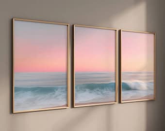 Set of 3 Sunset Prints, 3 Piece Wall Art, Ocean Print Set, Neutral Beach Landscape, Coastal Triptych Wall Art, Gallery Wall Digital Download