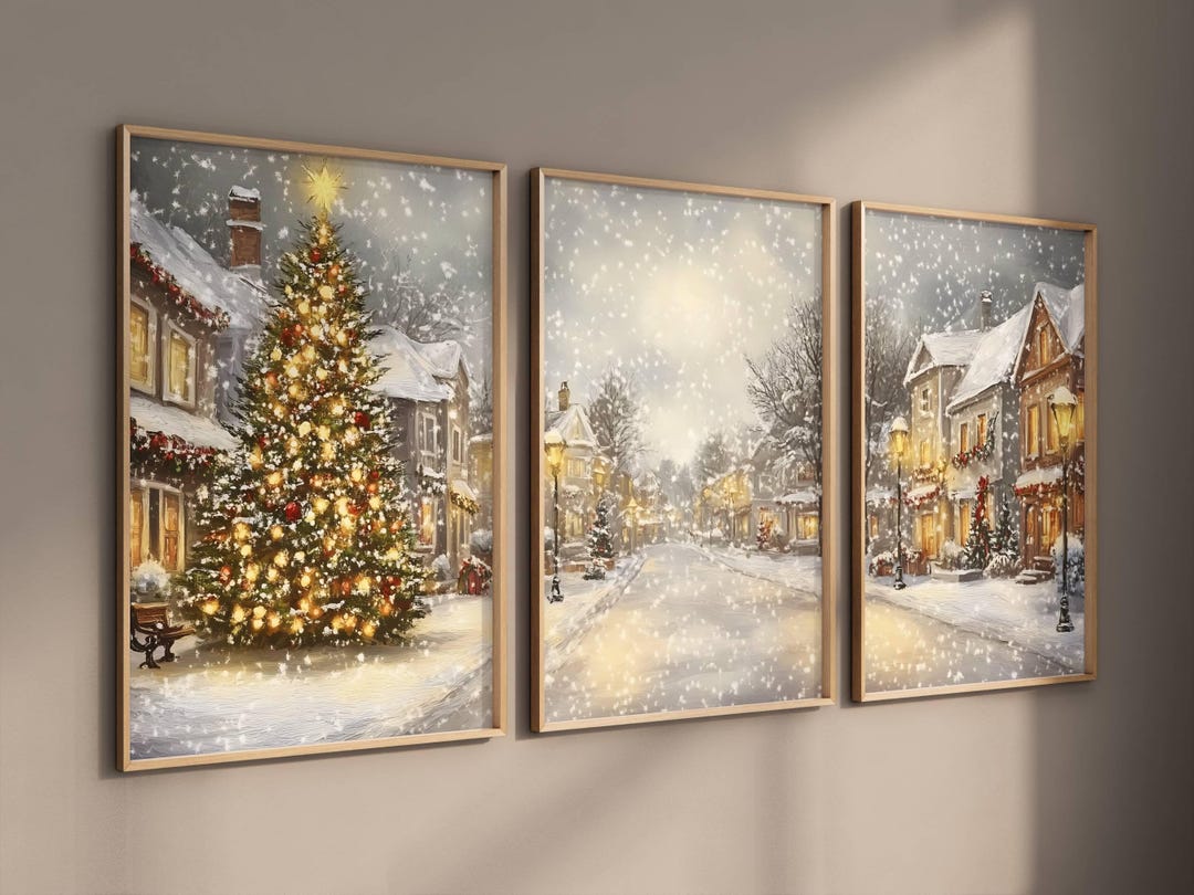 Set of 3 Christmas Print Set, 3 Piece Vintage Christmas Wall Art, Snowy ...