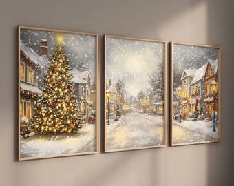 Set of 3 Christmas Print Set, 3 Piece Vintage Christmas Wall Art, Snowy Village Large Triptych Gallery Wall, Home Decor, Digital Download