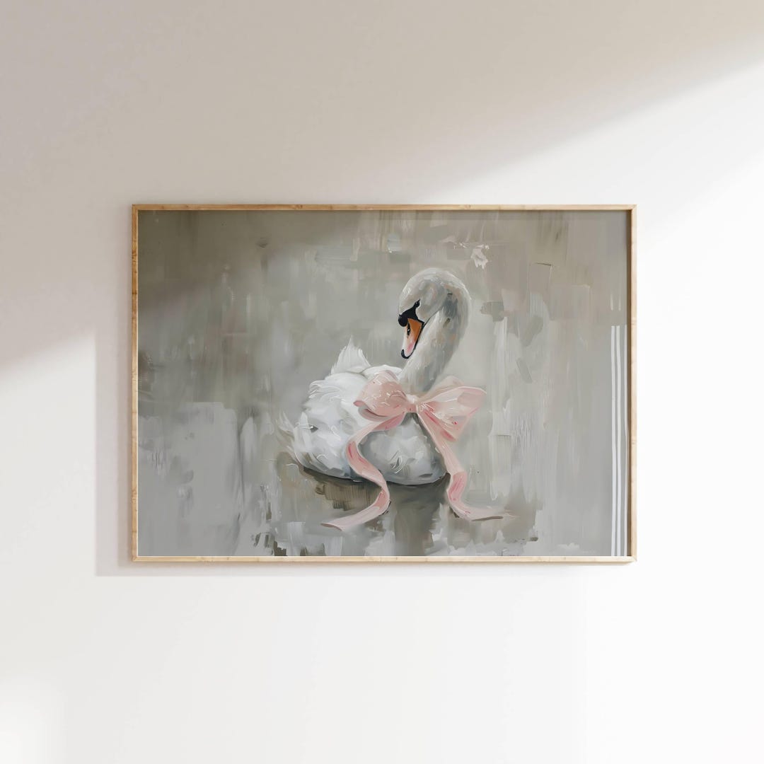 Coquette Swan Pink Bow Landscape Print, Soft Girly Nursery Painting ...