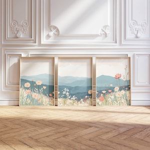 3 Piece Pastel Mountain Daisy Wildflower Landscape Print, Triptych Nursery Wall Art, Large Boho Living Room Decor, Instant Digital Download
