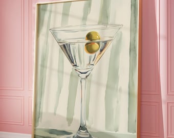 Stampa vintage Dirty Martini, arte murale Martini ad acquerello, decorazione carrello bar, poster drink, decorazione dopamina, download digitale stampabile