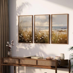 Country Vintage Wall Art 3 Set Print, Wildflower Field Set of 3 Prints, Waterscape Landscape Painting Print, Large Gallery Digital Download