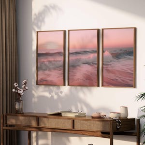 Set of 3 Sunset Prints, Beach Landscape Gallery Wall, Coastal Wave Triptych Wall Art, Ocean Style Decor, Surf Poster, Digital Download