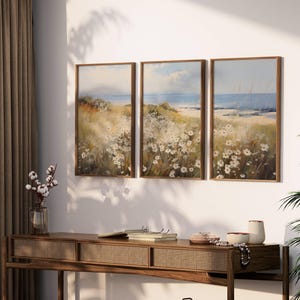 3 Set Print Country Vintage Wall Art, Wildflower Field Set of 3 Prints, Ocean Landscape Painting Print, Large Gallery Wall Digital Download