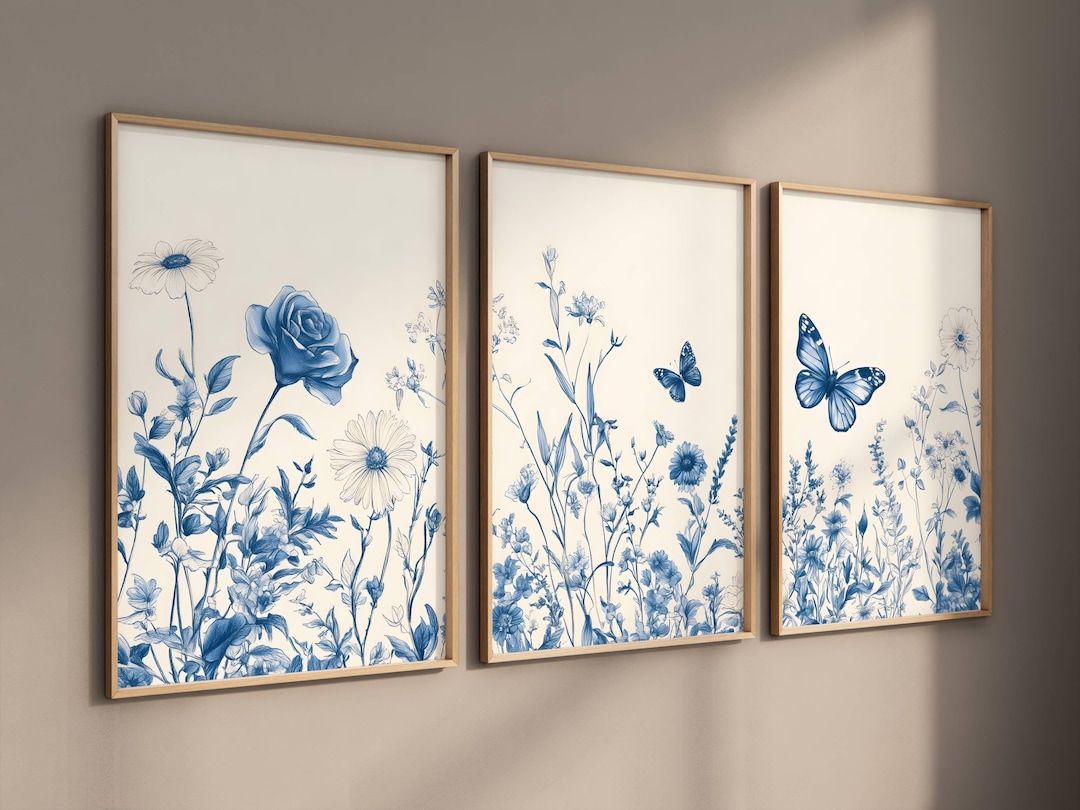 Set of 3 Chinoiserie Wall Art, Blue Botanical Print Set of 3, 3 Piece ...