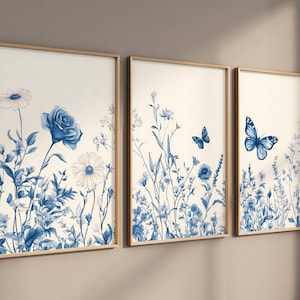 Set of 3 Chinoiserie Wall Art, Blue Botanical Print Set of 3, 3 Piece Minimalist Decor, Botanical Print Set, Printable Wall Art Digital Art