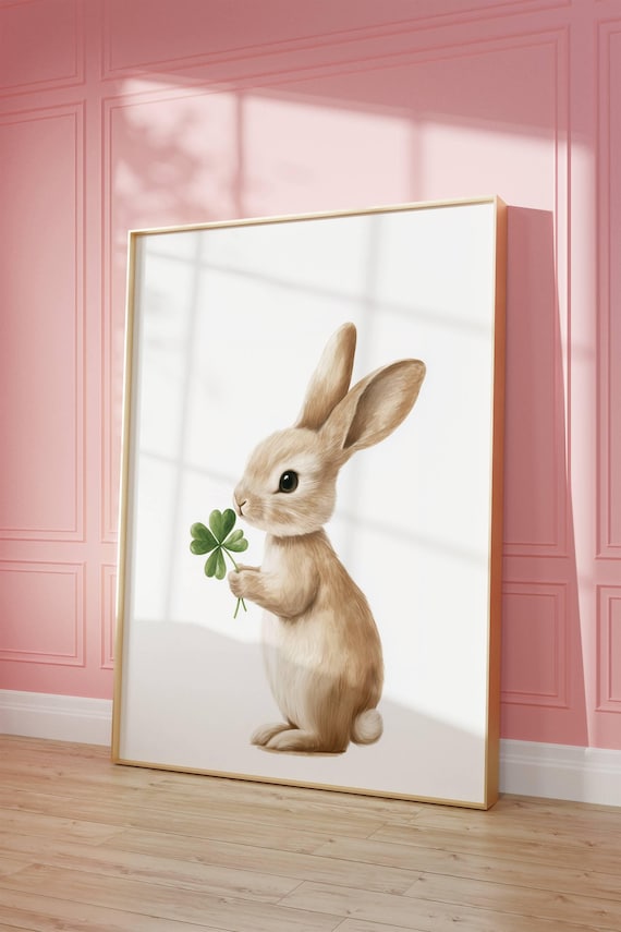 Saint Patricks Day Bunny Print, Minimalist Spring Wall Art, Four Leaf Clover Bunny Decor, Cute Bunny Poster, Printable Digital Download