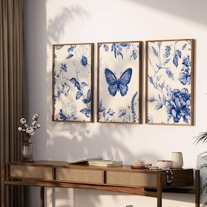 Set of 3 Chinoiserie Wall Art, Blue Botanical Print Set of 3, 3 Piece Minimalist Decor, Botanical Print Set, Printable Wall Art Digital Art